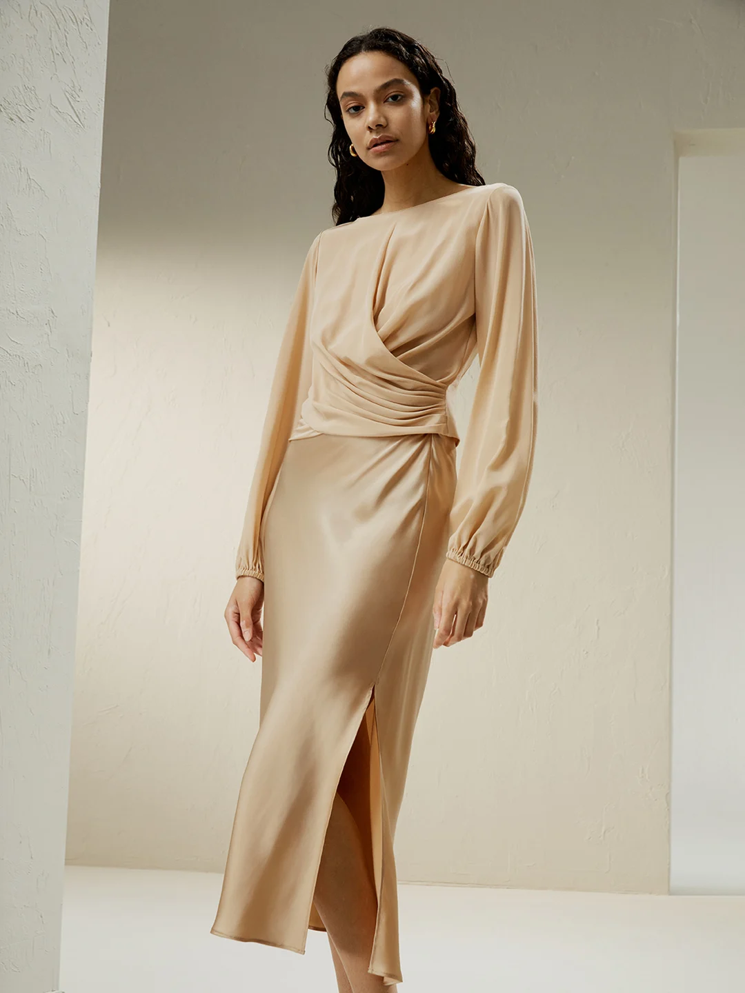LILYSILK Chemise En Soie Femme Or Pâle Manches Bouffantes Avec Poignets Serrés Plis Et Les Coupes Spectaculaires Décontracté Et Professionnel 40