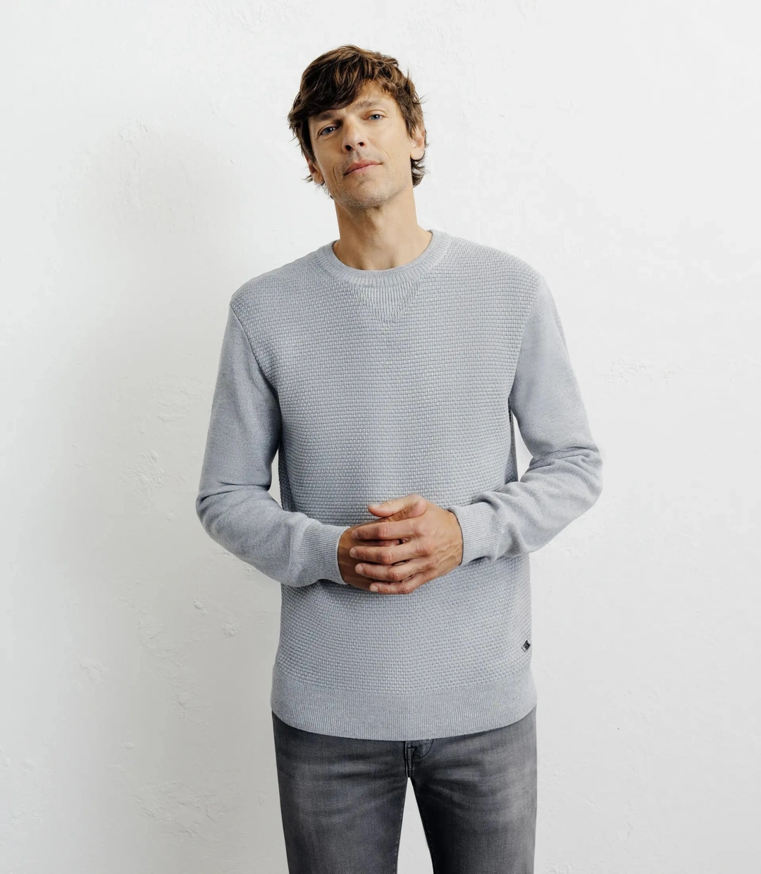 IZAC - Pull col rond jeux de points gris chiné