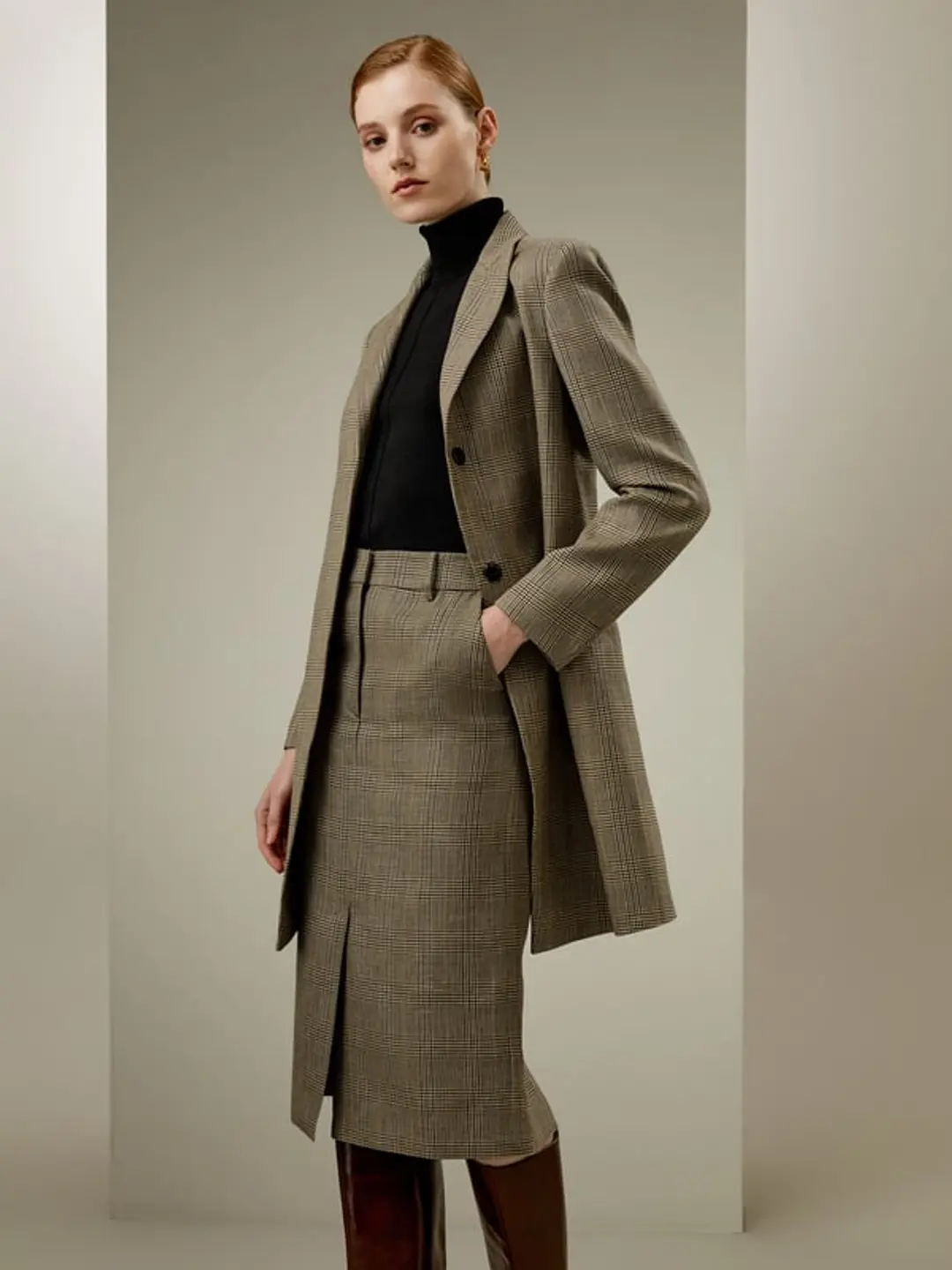 LILYSILK Blazer Sprezzatura Lin Brun Cendré T38 Laine Soie Coupe Droite Glen Check Chic