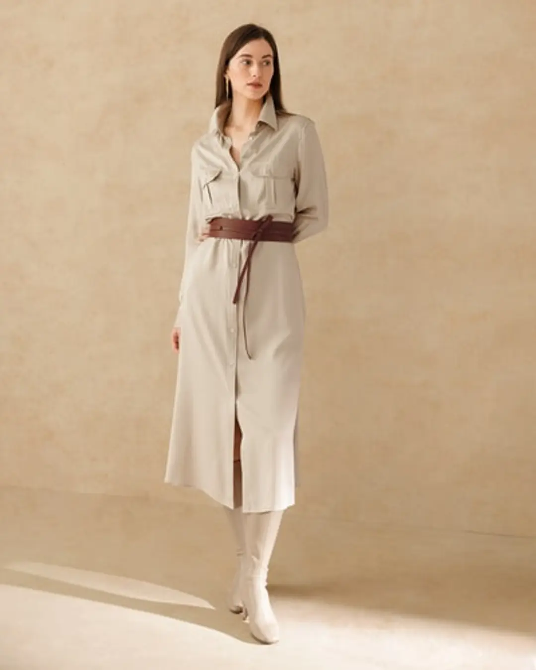 LILYSILK Robe En Soie Chic Longue Femme Soie Lavée En Sable Robe Trench Militaire Porte De Multiples Façons Vert Safari L