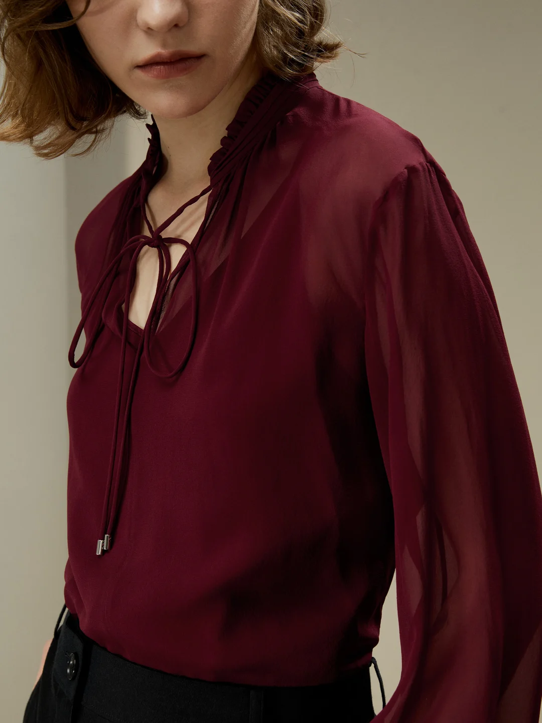 LILYSILK Blouse Soie Femme Rouge Cordon De Serrage À L'Avant Georgette Semi-Transparent Décontracté Et Professionnel L