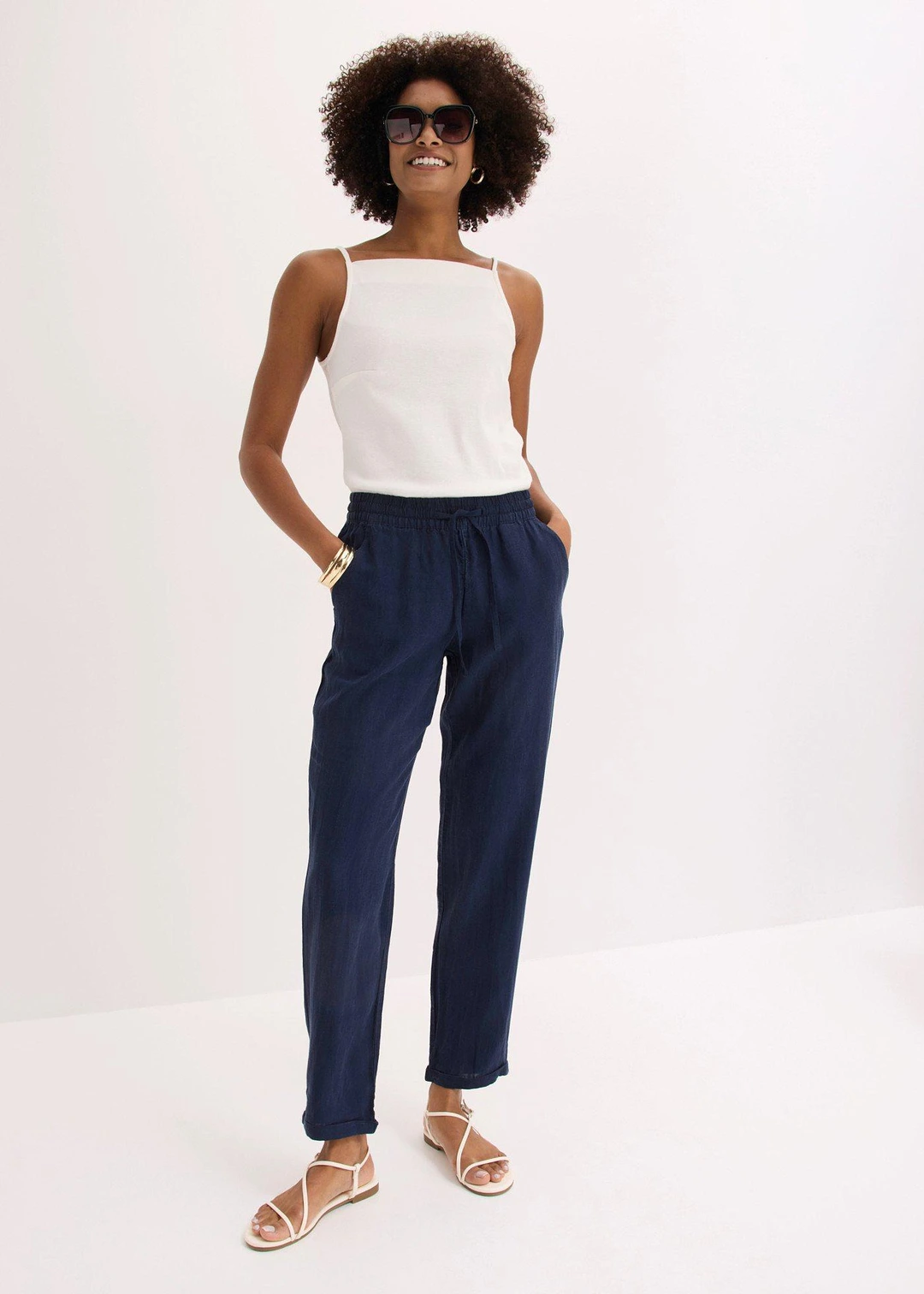 Pantalon en lin mélangé, taille élastiquée
