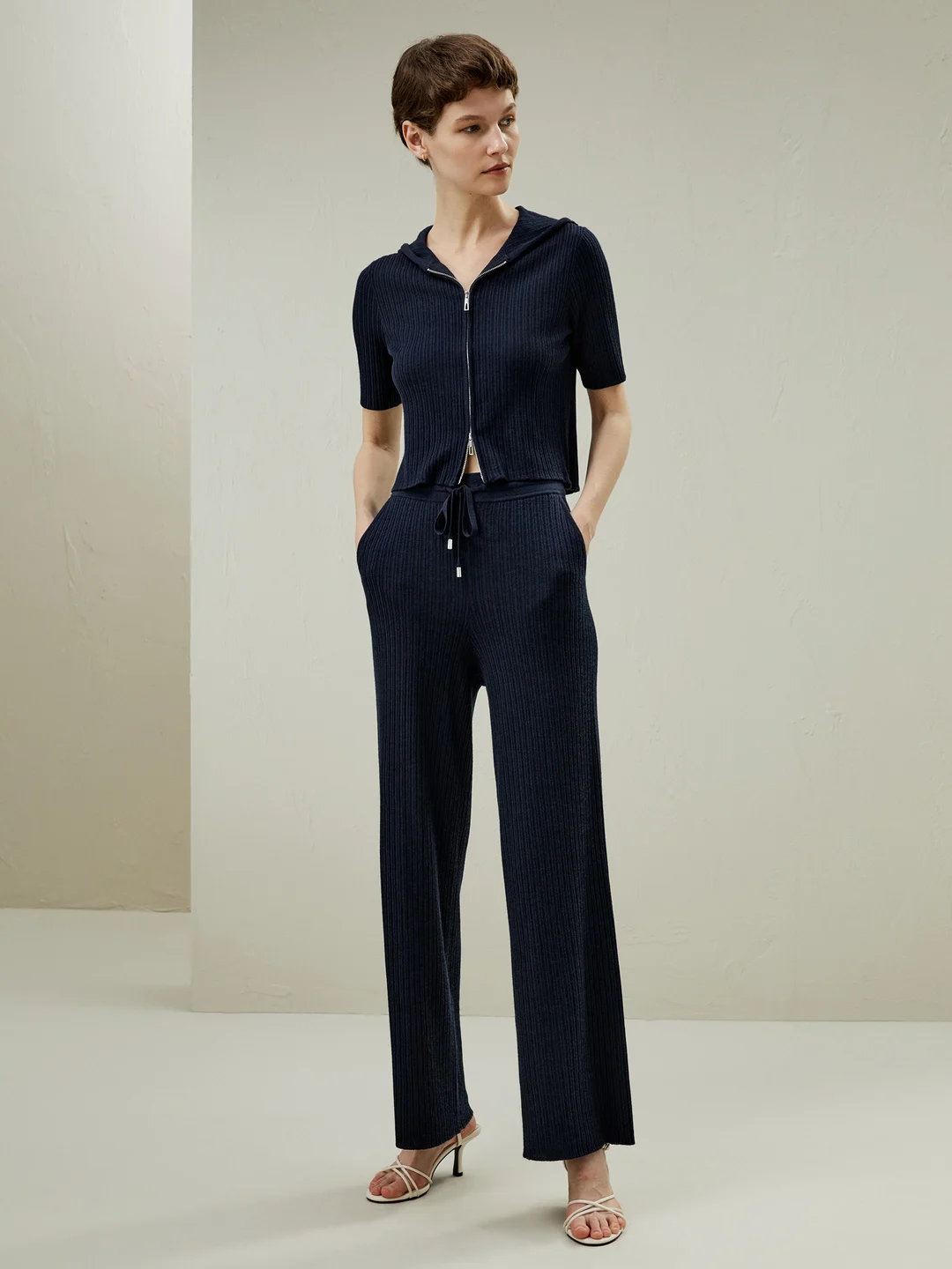 LILYSILK Pull Manches Courtes Femme Bleu Marine Double Fermeture Éclair Laine Et Soie Élégance Intemporelle Et Style Sophistiqué M