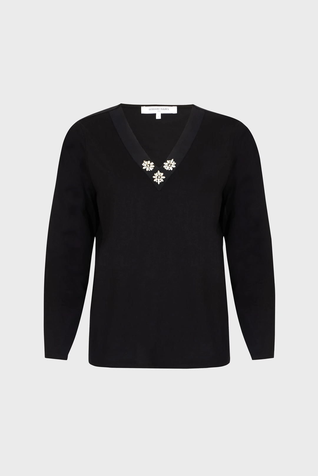 T-shirt uni au col V décoré de diamants - ARIELLE - Noir