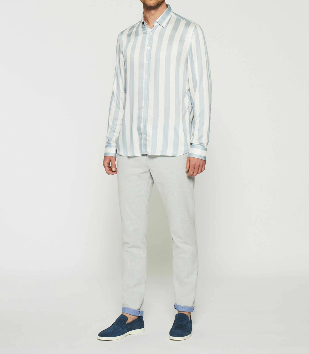 IZAC - Chemise à rayures en satin blanc et ciel KENNA