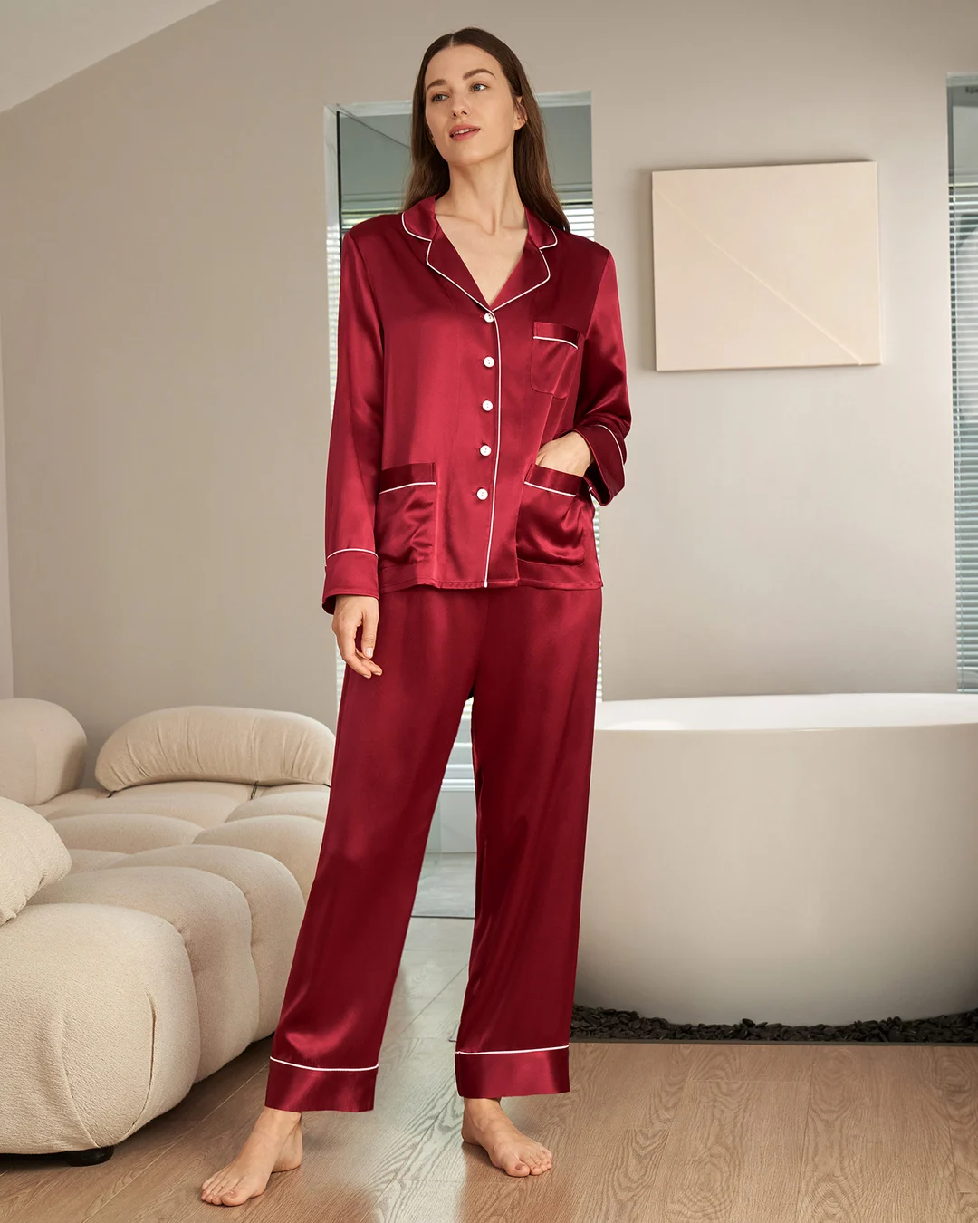 LILYSILK Pyjama Soie Rouge Femme Rouge Vineux Ensemble De Pyjama Deux Pièces 100% Soie Naturellement Antibactérien L