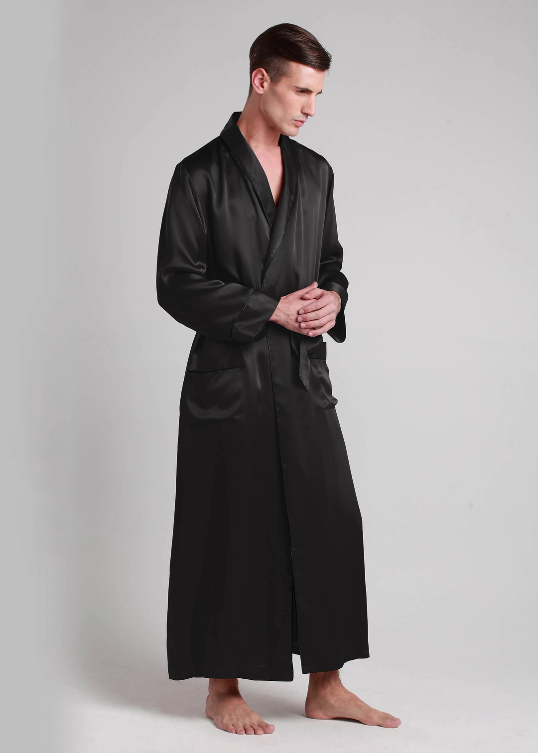 LILYSILK Robe De Chambre Longue Soie Homme Noir Col Rabattu, Style Naturel 100% Soie De Mûrier Respirant Super Léger Robe De Chambre XS