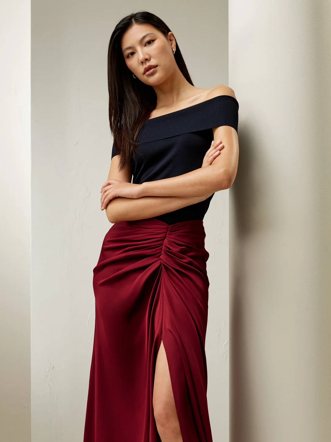 LILYSILK Jupe Soie Rouge Avec Détails Froncés Sur Le Devant 100% Soie Pure Un Toucher Incroyablement Doux Et Confortable 44