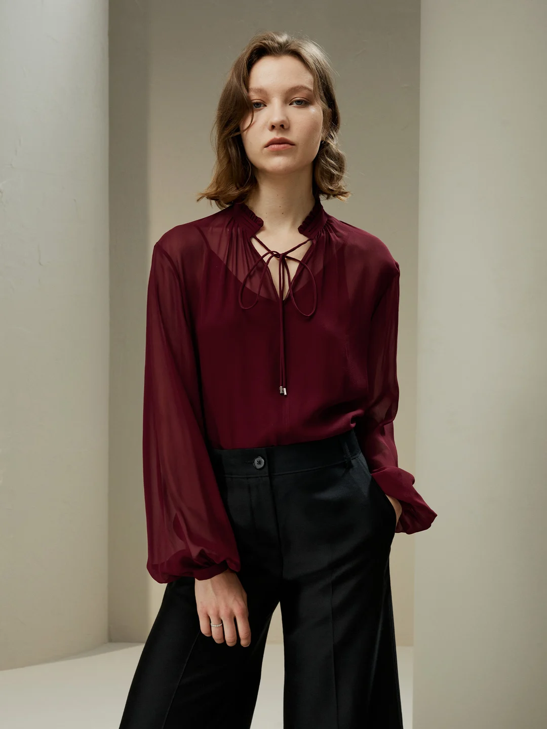 LILYSILK Blouse Soie Femme Rouge Cordon De Serrage À L'Avant Georgette Semi-Transparent Décontracté Et Professionnel L