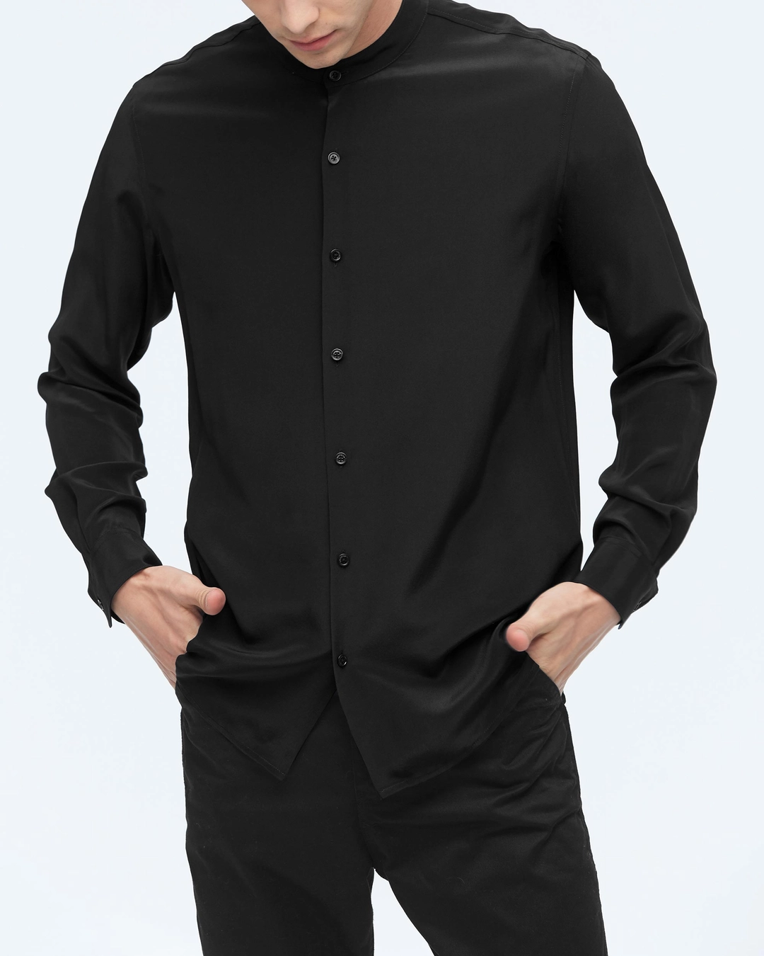 LILYSILK Chemise Soie Homme Bleu Marine Col Montant, Manches Longues 100% Soie Pure Naturellement Antibactérien Chemise M