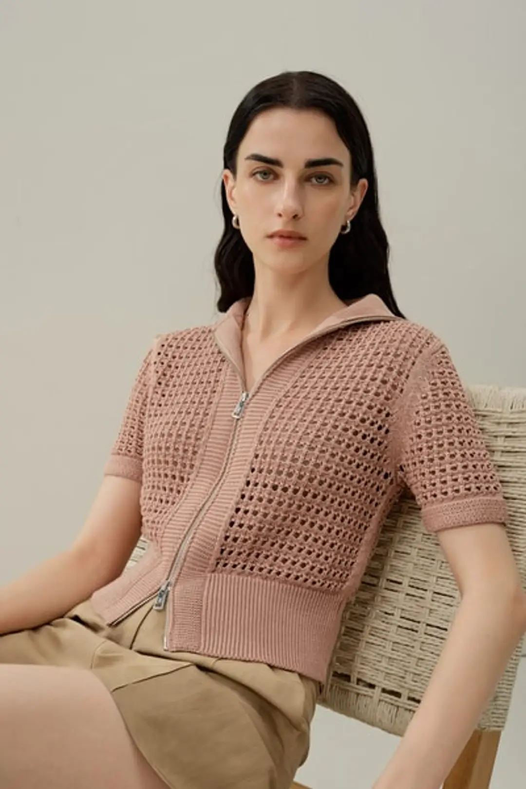 Cardigan en maille Soie Coton avec Fermeture Éclair Métallique