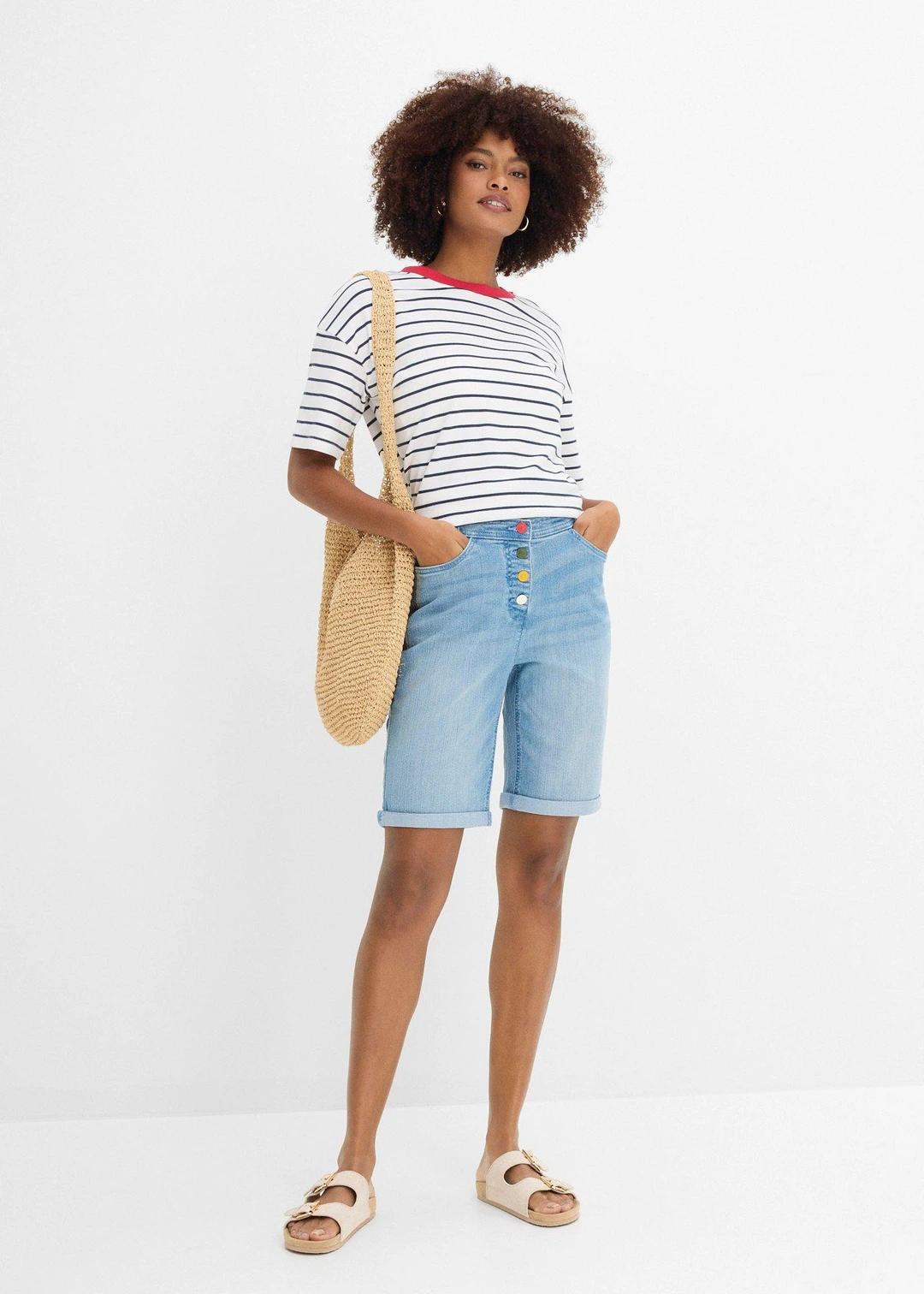 Bermuda en jean avec broderie, taille mi-haute élastiquée - 2