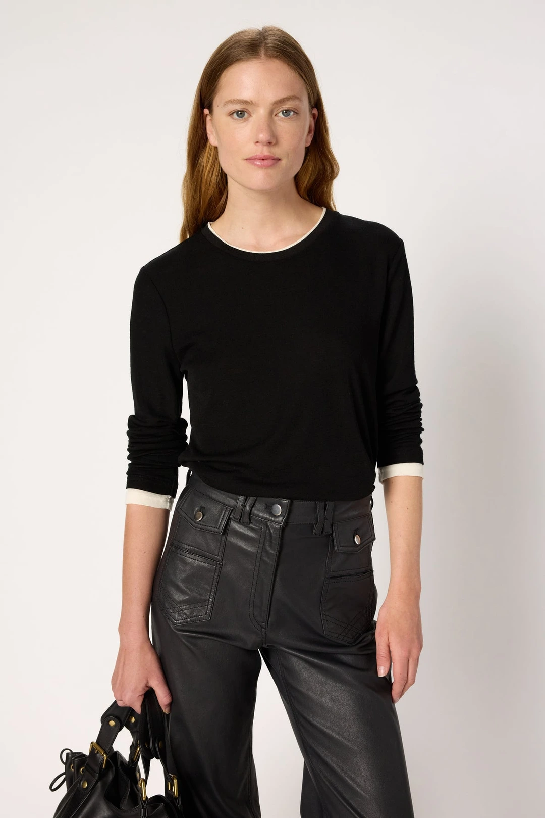 T-shirt trompe-l'œil en laine fine - HANAE - Noir