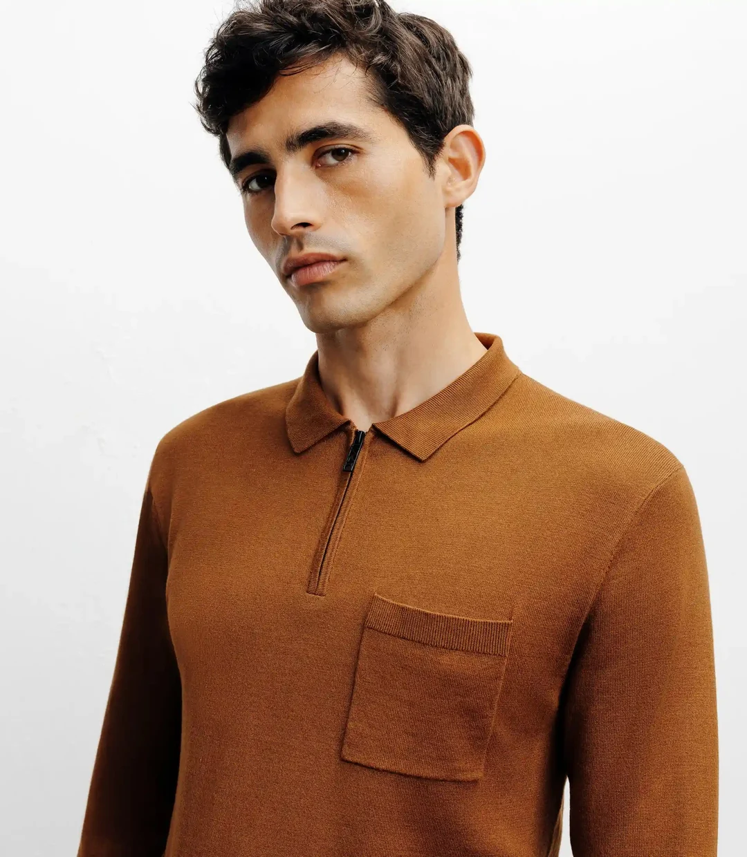 IZAC - Pull col polo zippé en maille fine bronze