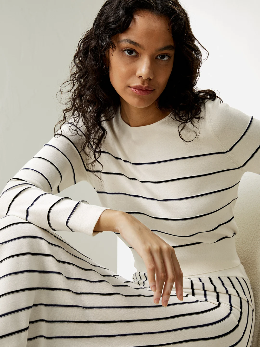 LILYSILK T-shirt Manches Longues Soie Femme Respirant Confortable Rayé Blanc S