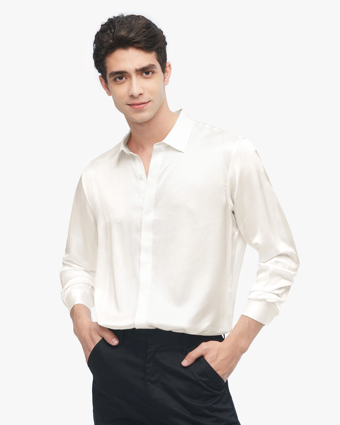 LILYSILK Chemise Classique en Soie à Manches Longues pour Hommes Noir XL