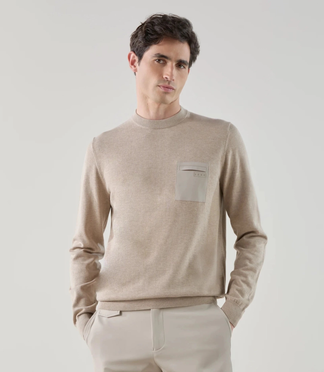 IZAC - Pull col rond avec poche bi-matière beige