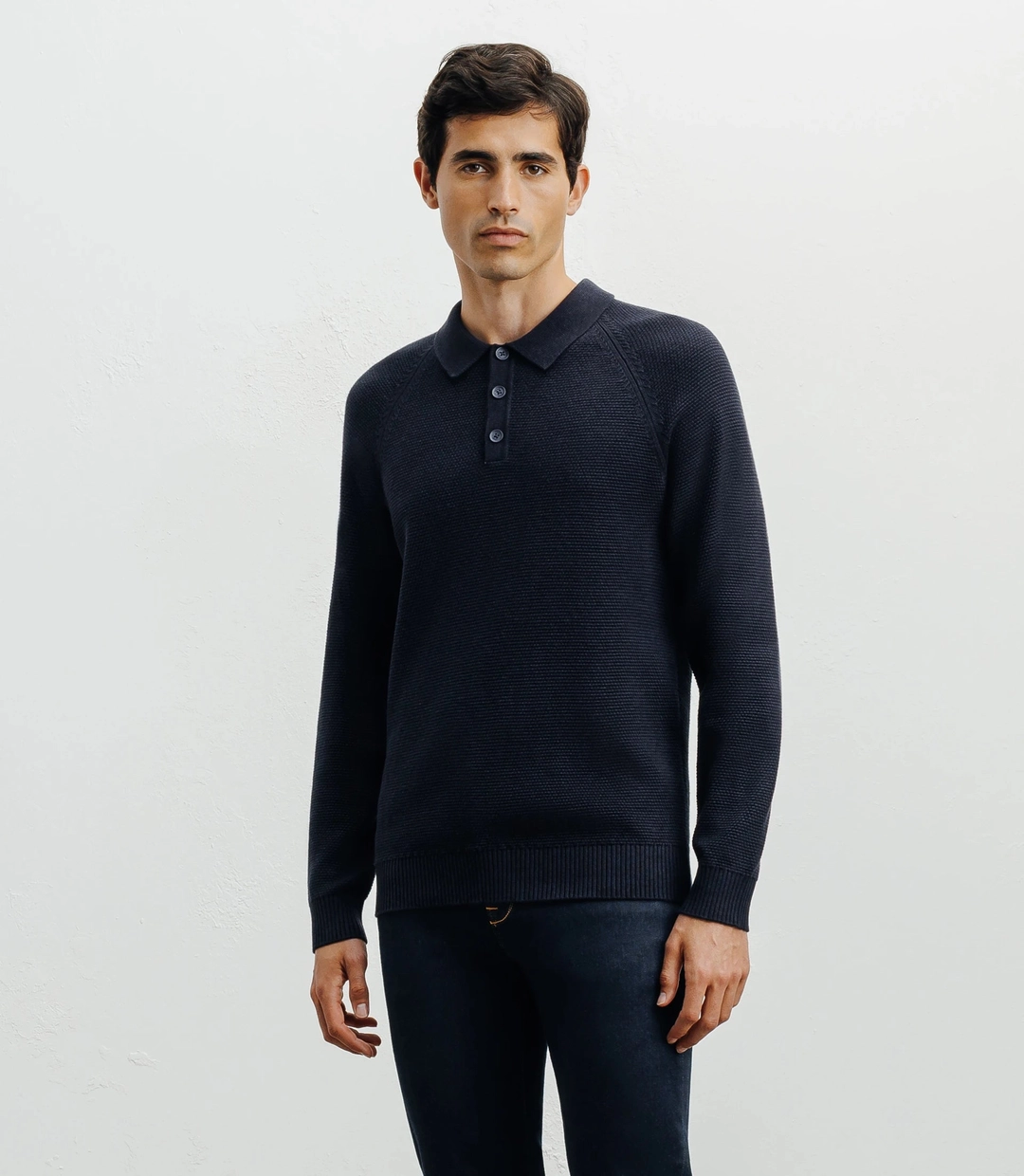 IZAC - Pull col polo boutonné jeux de points marine