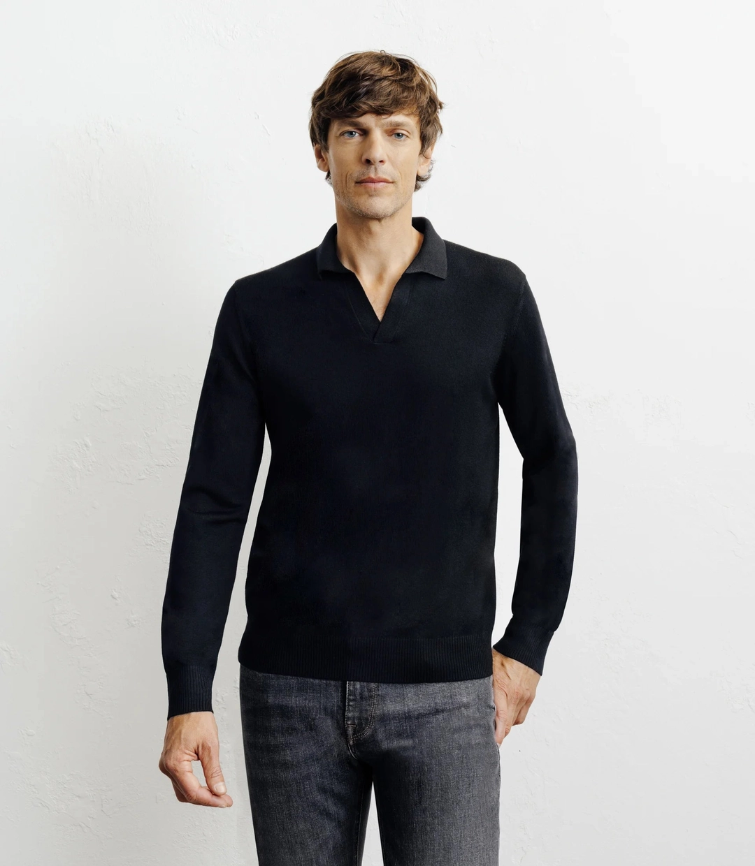 IZAC - Pull col polo en laine mérinos noir
