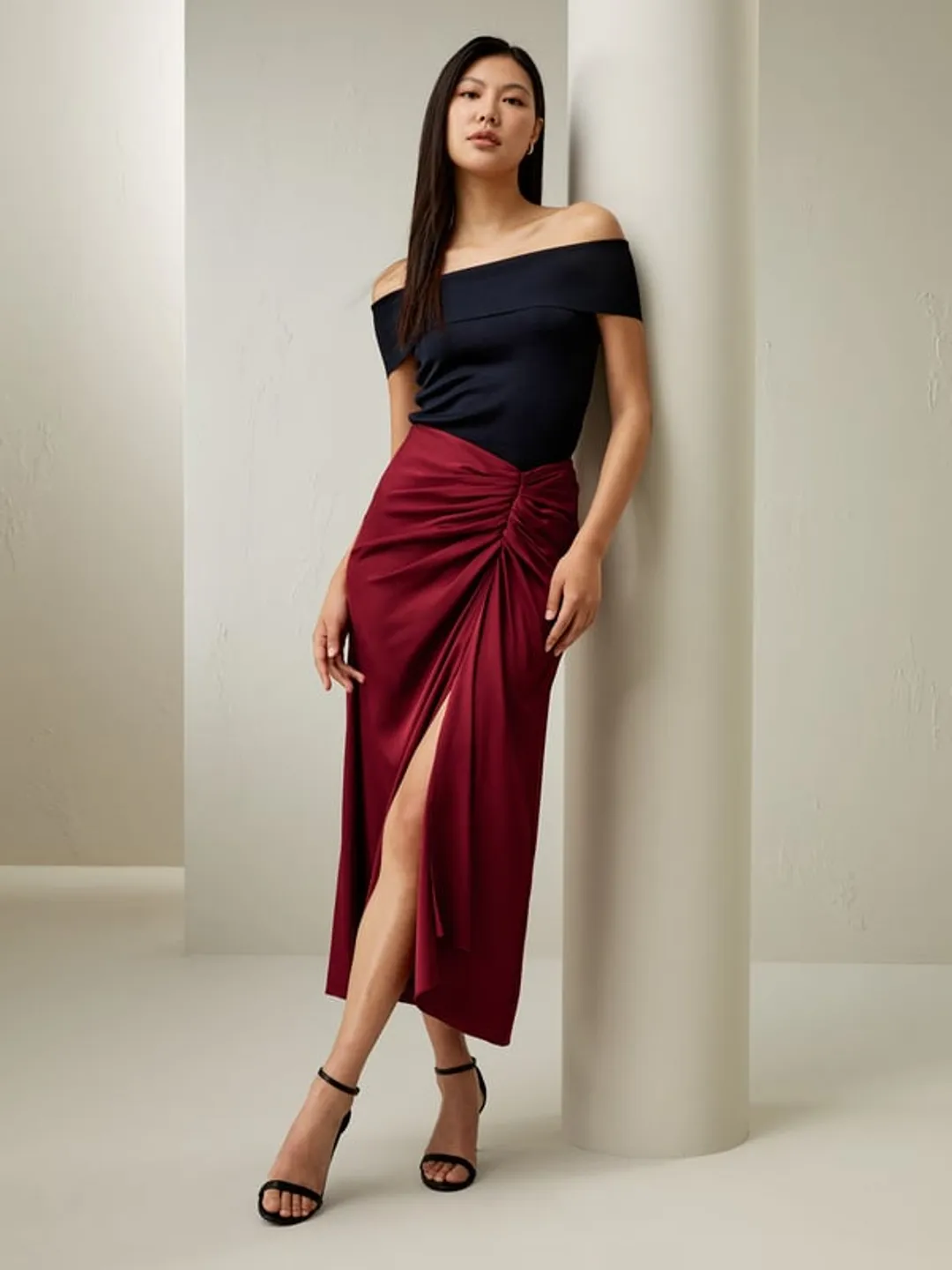 LILYSILK Jupe Soie Rouge Avec Détails Froncés Sur Le Devant 100% Soie Pure Un Toucher Incroyablement Doux Et Confortable 44
