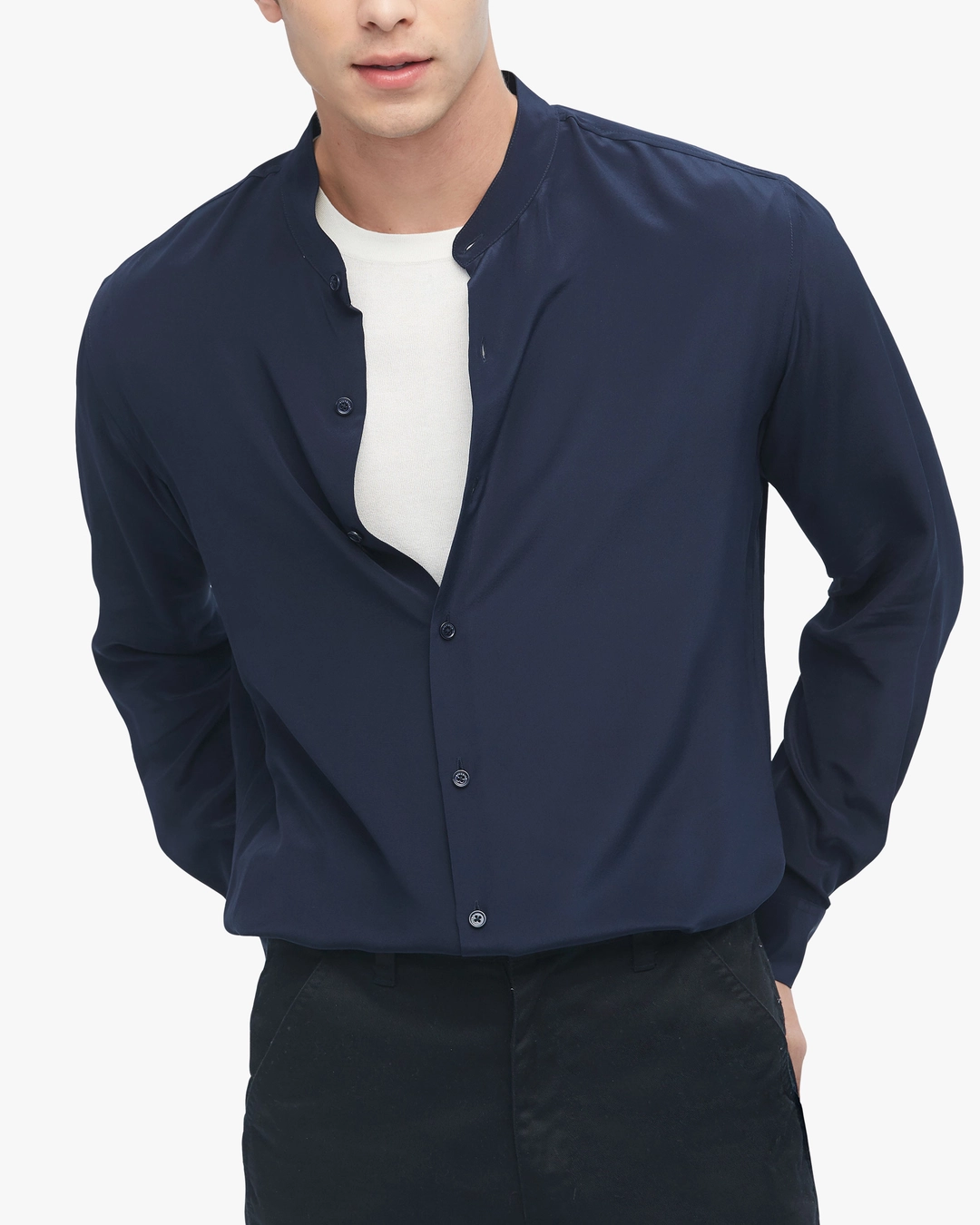 LILYSILK Chemise Soie Homme Bleu Marine Col Montant, Manches Longues 100% Soie Pure Naturellement Antibactérien Chemise M