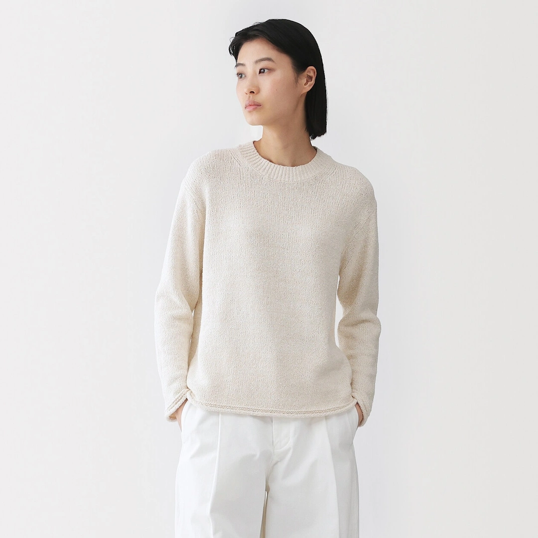 Pull à col ras du cou bouclé en mélange de coton pour femme