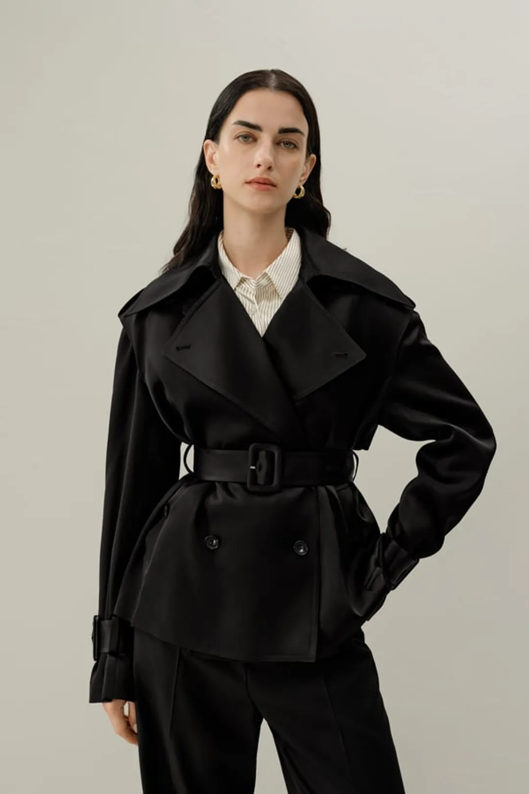 LILYSILK Femme Trench Satin Soie Double Face Élégant Ceinturé Noir Taille S