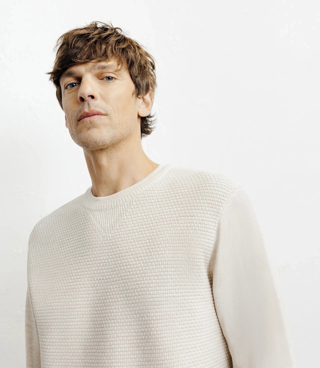 IZAC - Pull col rond jeux de points beige