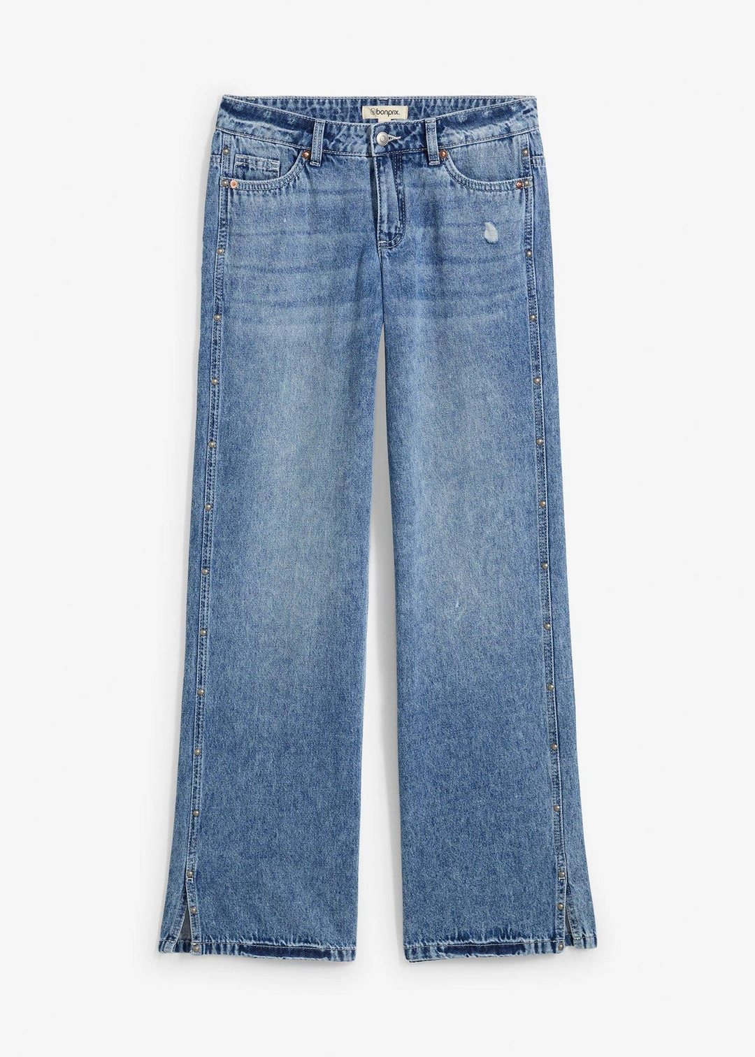Jean droit et ample, taille mi-haute, peu extensible