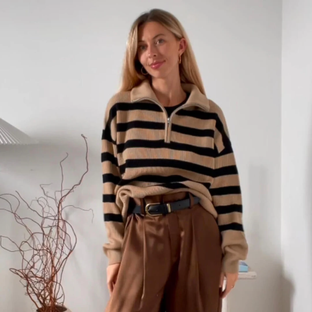 LILYSILK Pull Femme En Laine Camel À Rayures Noires Style Décontracté À Épaules Tombantes 100% Laine Mérinos Ultra Fine Incroyablement Doux Et Chaud S