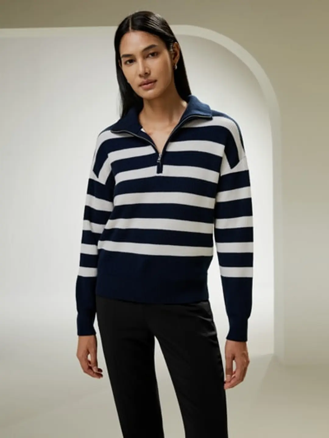 LILYSILK Pull Femme En Laine Camel À Rayures Noires Style Décontracté À Épaules Tombantes 100% Laine Mérinos Ultra Fine Incroyablement Doux Et Chaud S