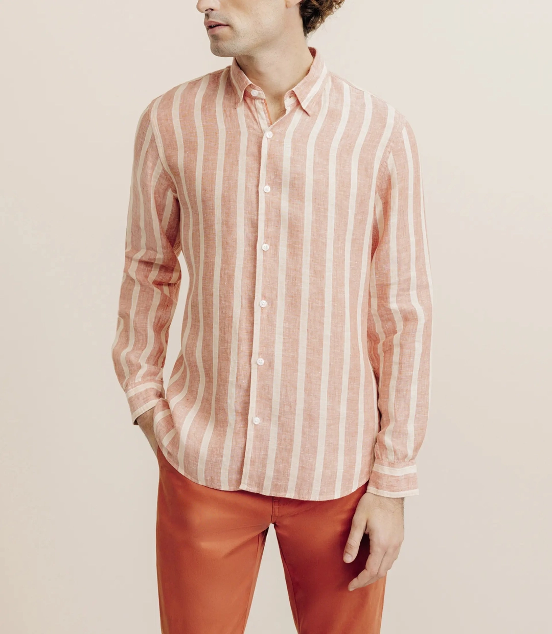 IZAC - Chemise rayée 100% lin orange