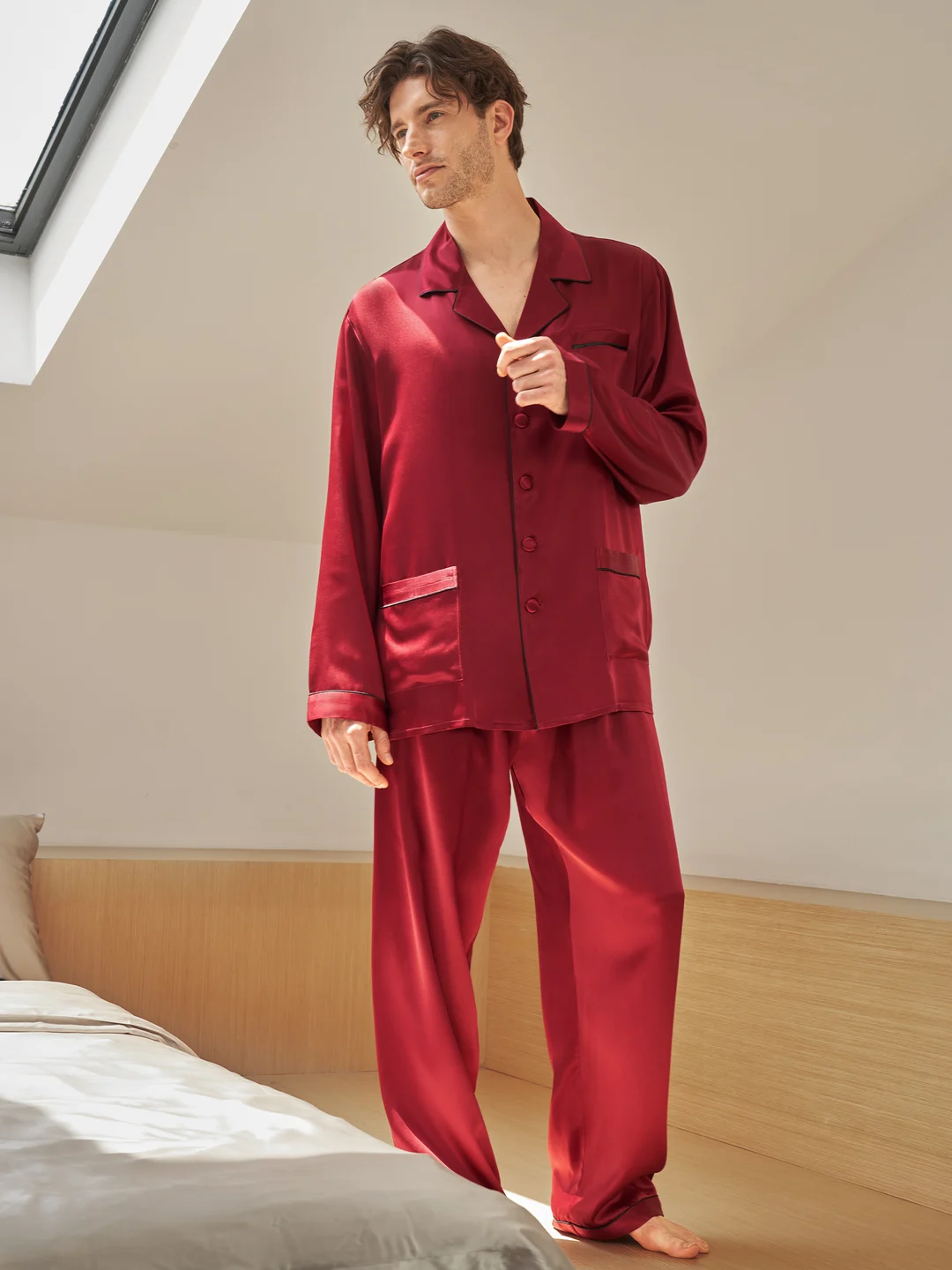LILYSILK Ensemble pyjama FR soie longue bordure contraste