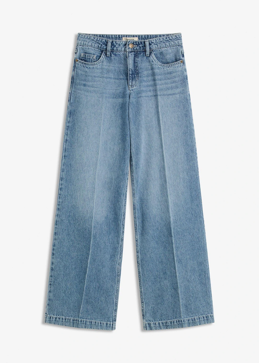 Jean large taille mi-haute, longueur sol, peu extensible
