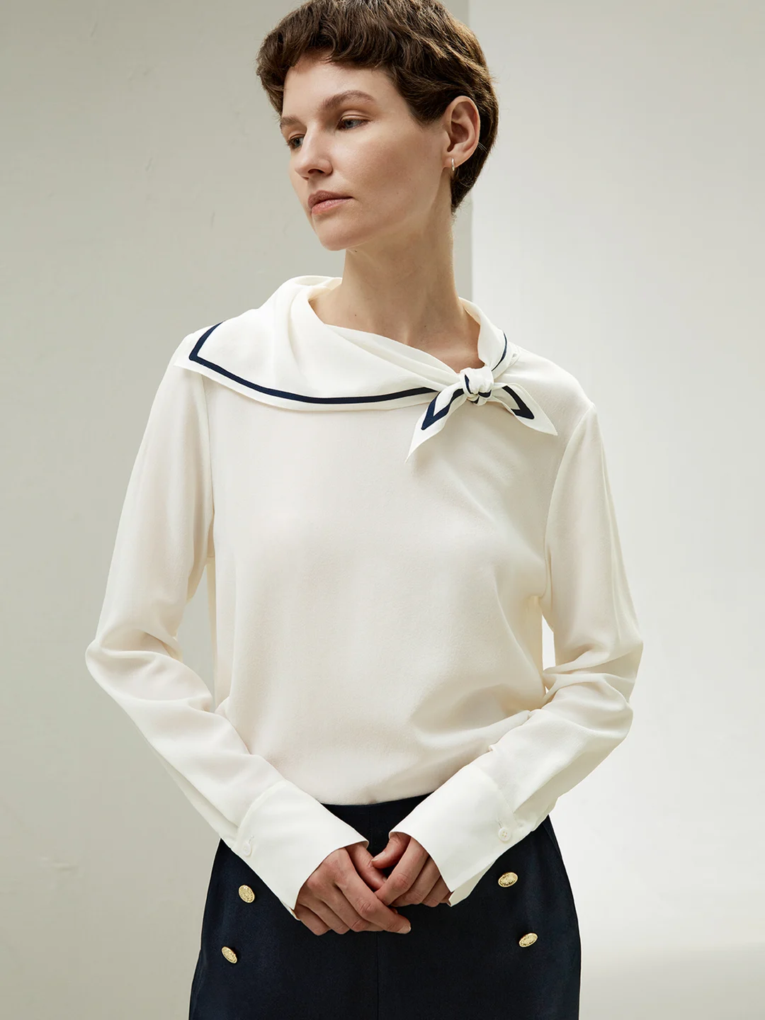 LILYSILK Chemisiers En Soie Blanc Style Marin Avec Col Semi-Fixe 100% Soie Crêpe De Chine Élégance Intemporelle Et Style Sophistiqué XXS
