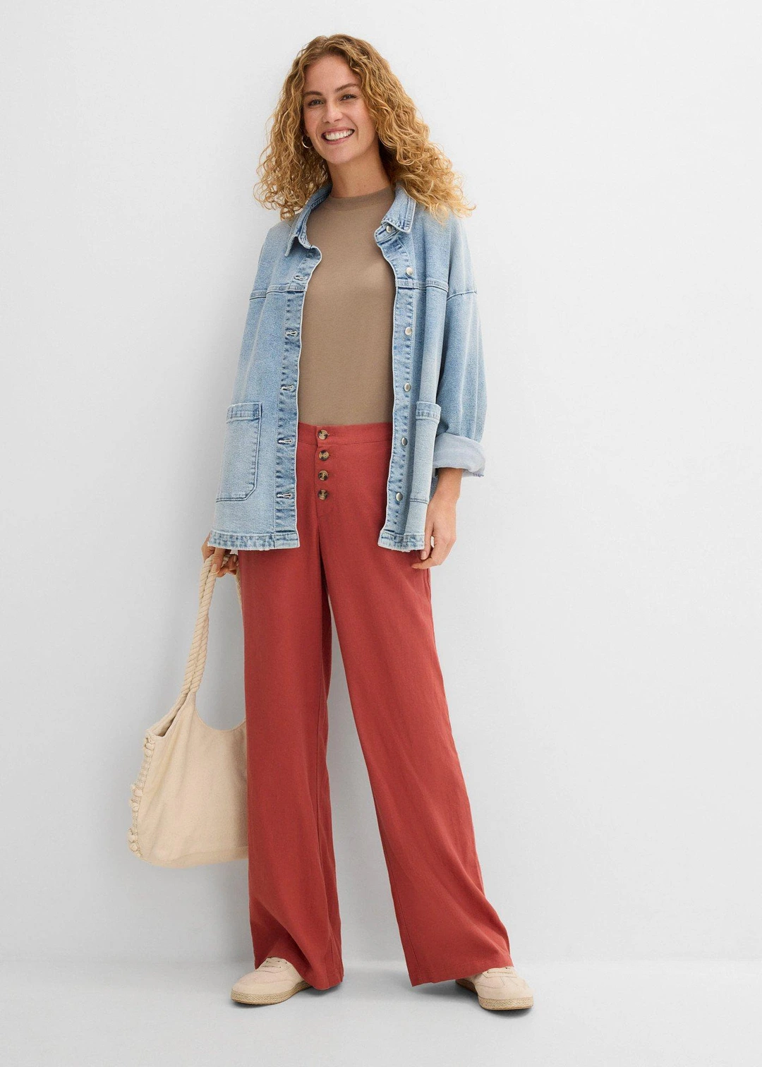 Pantalon palazzo en lin mélangé, long