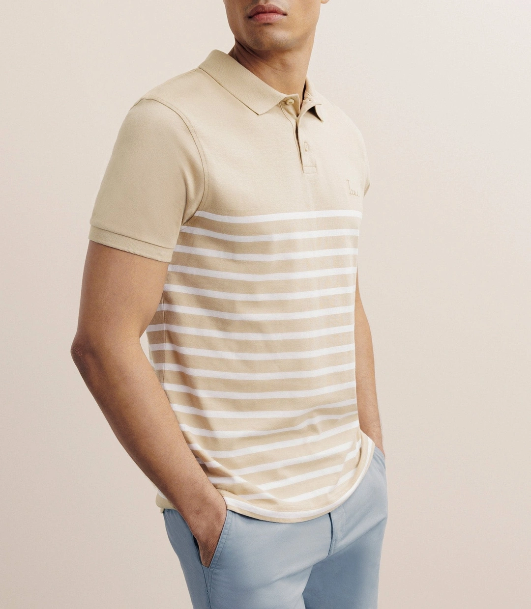 IZAC - Polo boutonné marinière beige