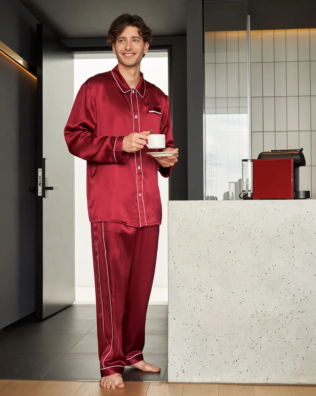 LILYSILK Pyjama En Soie Homme Noir Col À Revers, Boutons En Nacre 100% Soie Naturellement Antibactérien Pyjama XL
