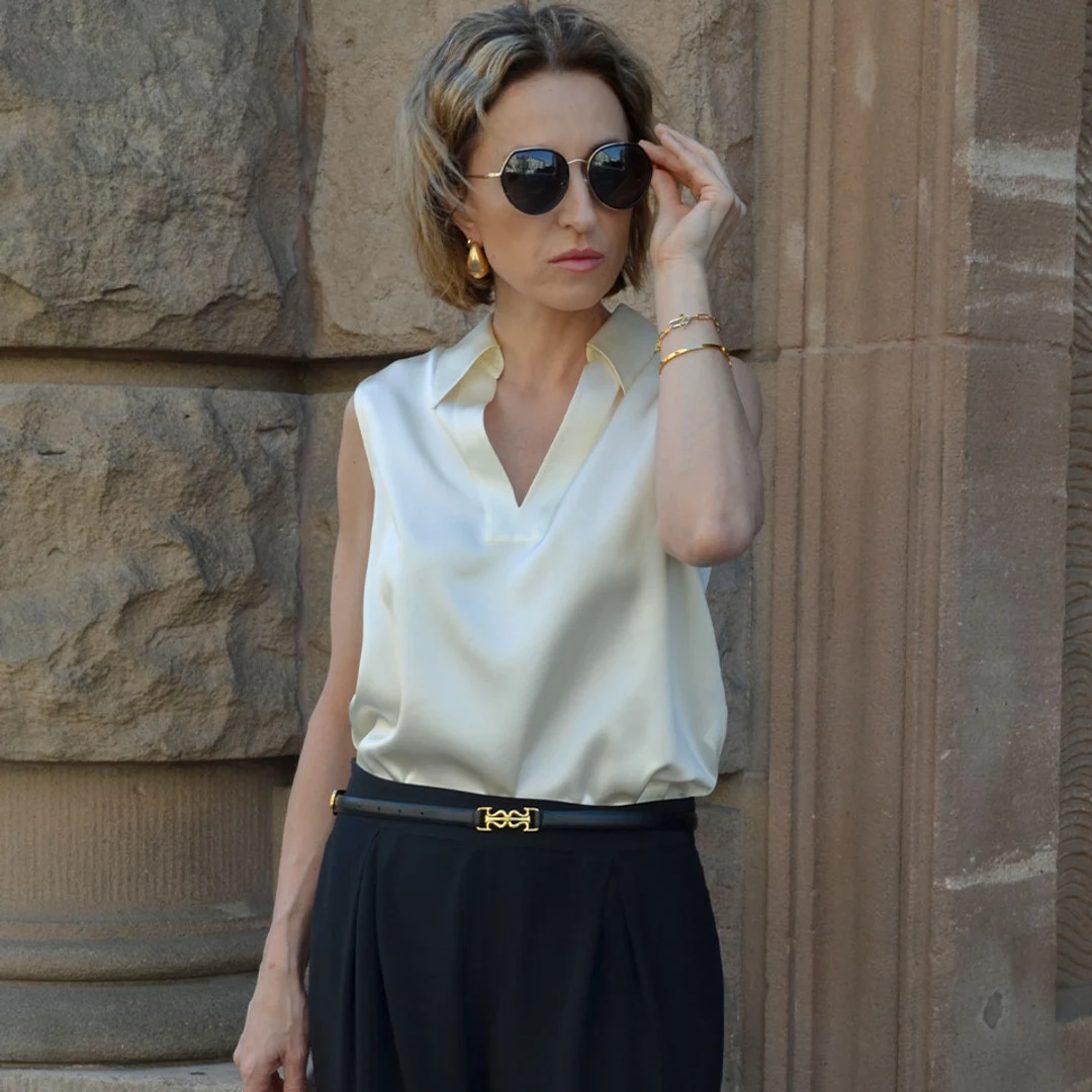 LILYSILK Top En Soie Femme Col En V, 100% Soie T-Shirt Sans Manches Température Réglable Chemises Blanc S