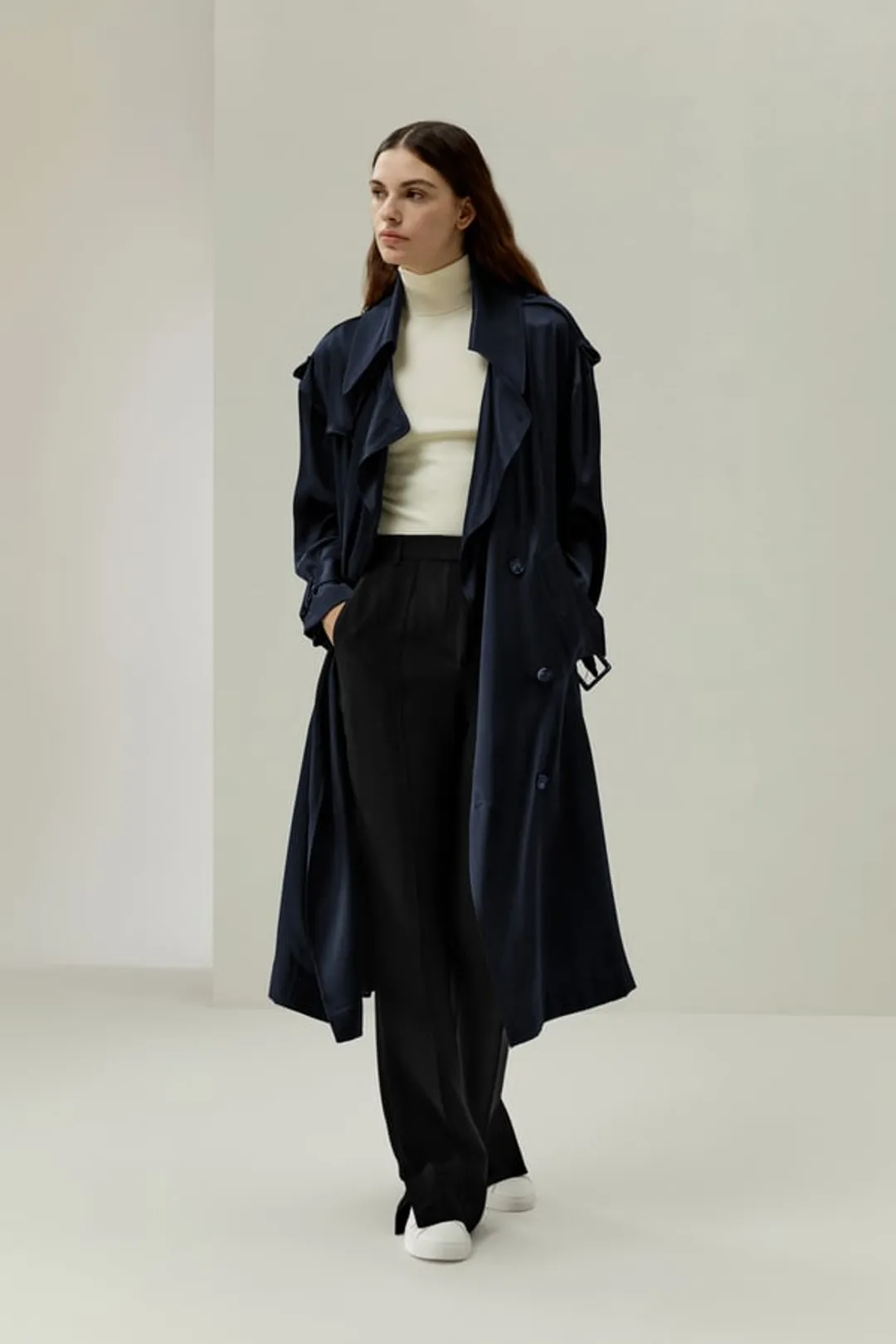 LILYSILK Trench-Coat En Soie De Marque Femme Conception Décontractée À Épaules Tombantes Soie De Mûrier Modèle De Base Bleu Minuit S