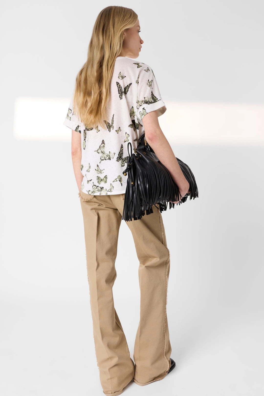 T-shirt papillons en lin et coton - MAKEDA - Vert Kaki