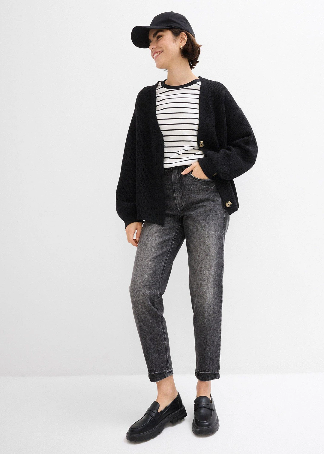 Jean mom taille haute, peu extensible, cropped - 2