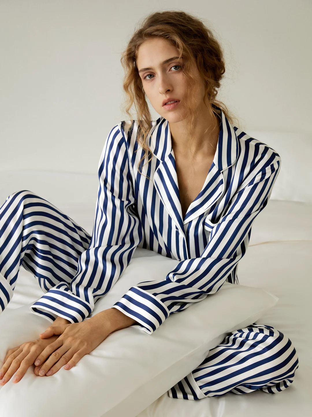 LILYSILK Pyjama En Soie Femme Rayures Bleu-Blanc Pantalon Taille Moyenne 100% Soie Naturelle Sans Produits Chimiques Nocifs L