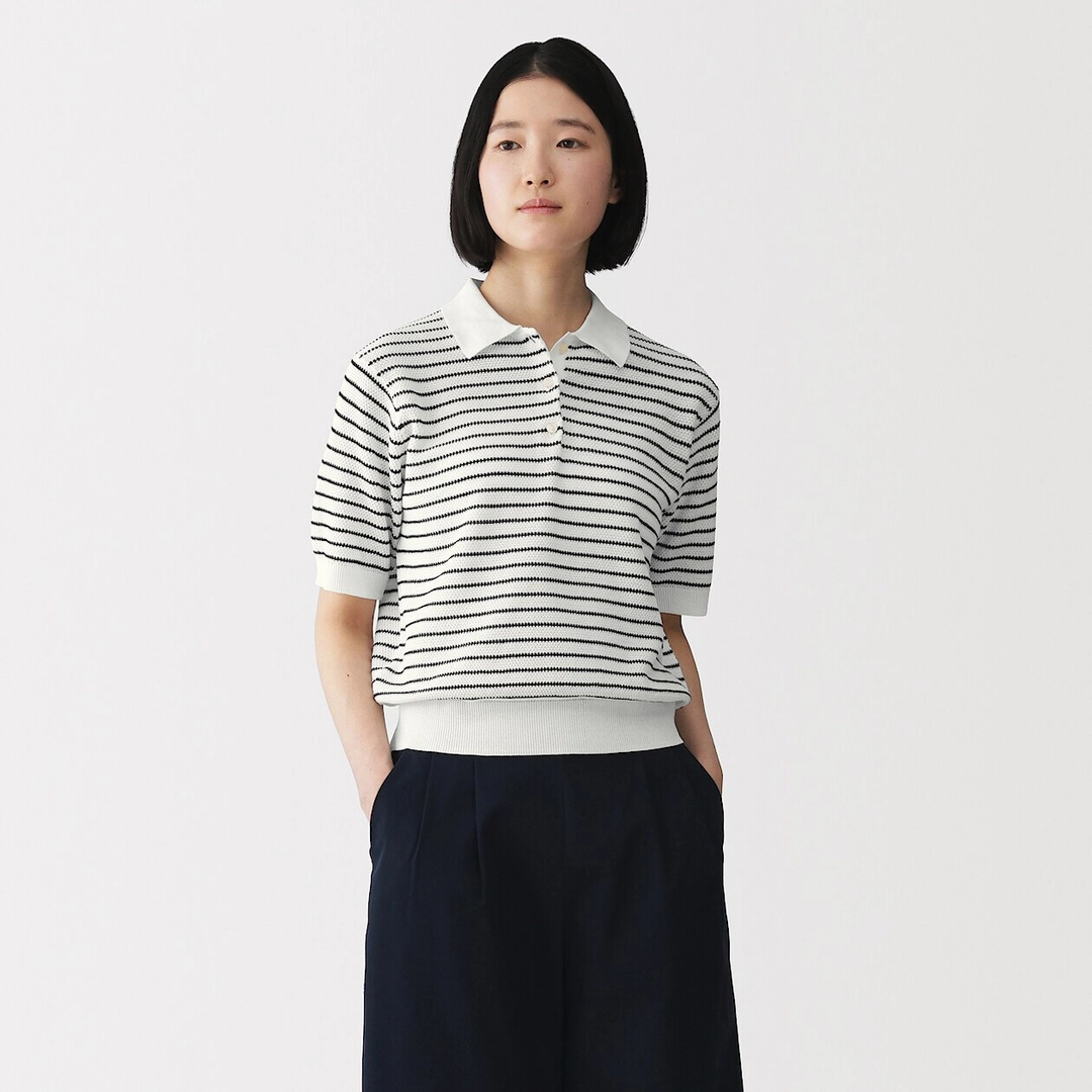 Polo en maille ajourée en coton bio hautement torsadé pour femme