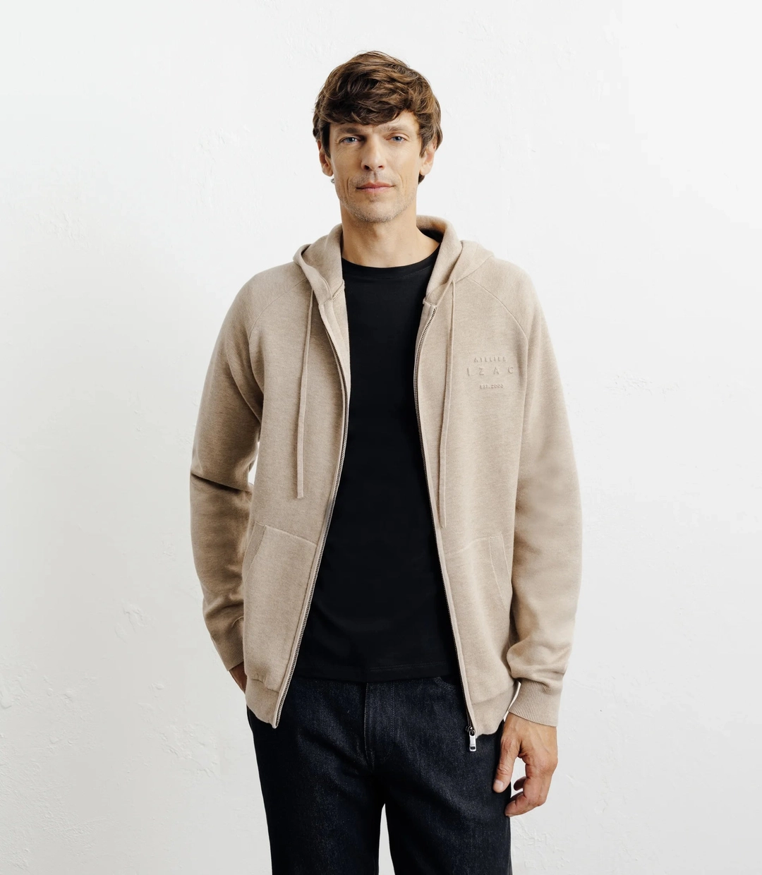 IZAC - Hoodie zippé à capuche en maille beige