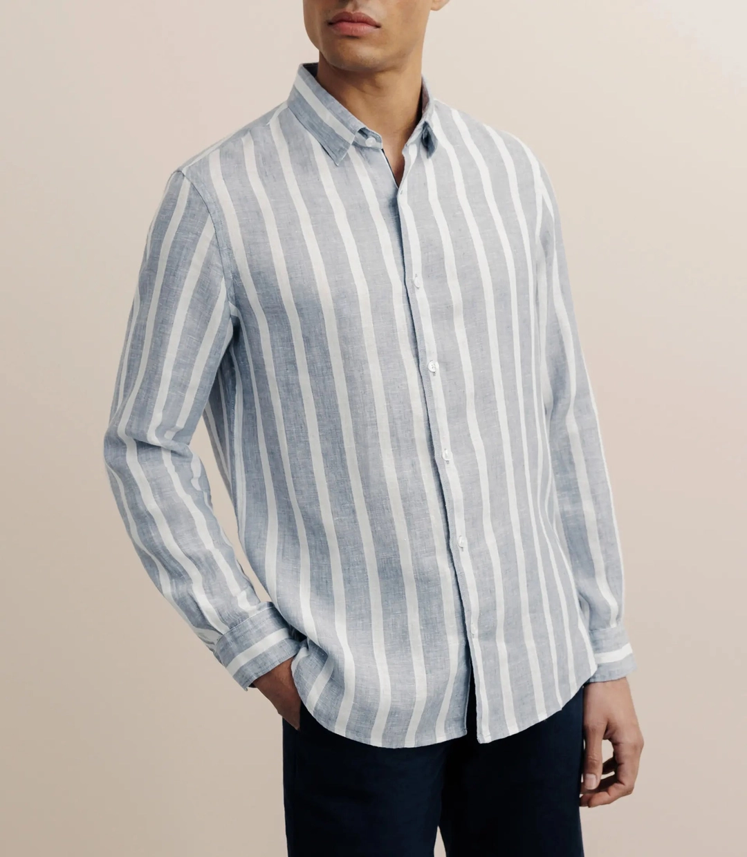 IZAC - Chemise rayée 100% lin bleue