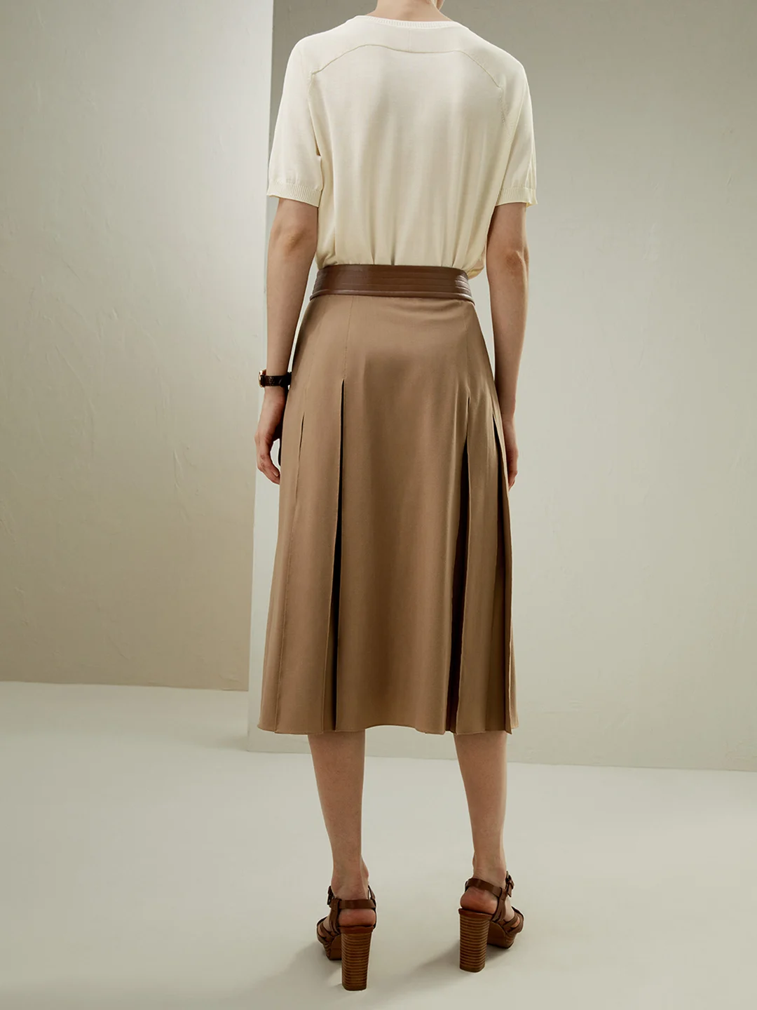 LILYSILK Jupe Midi Ortygia Moka 42 Laine Mérinos Doublée Mousseline Boutons Métal Style Rétro