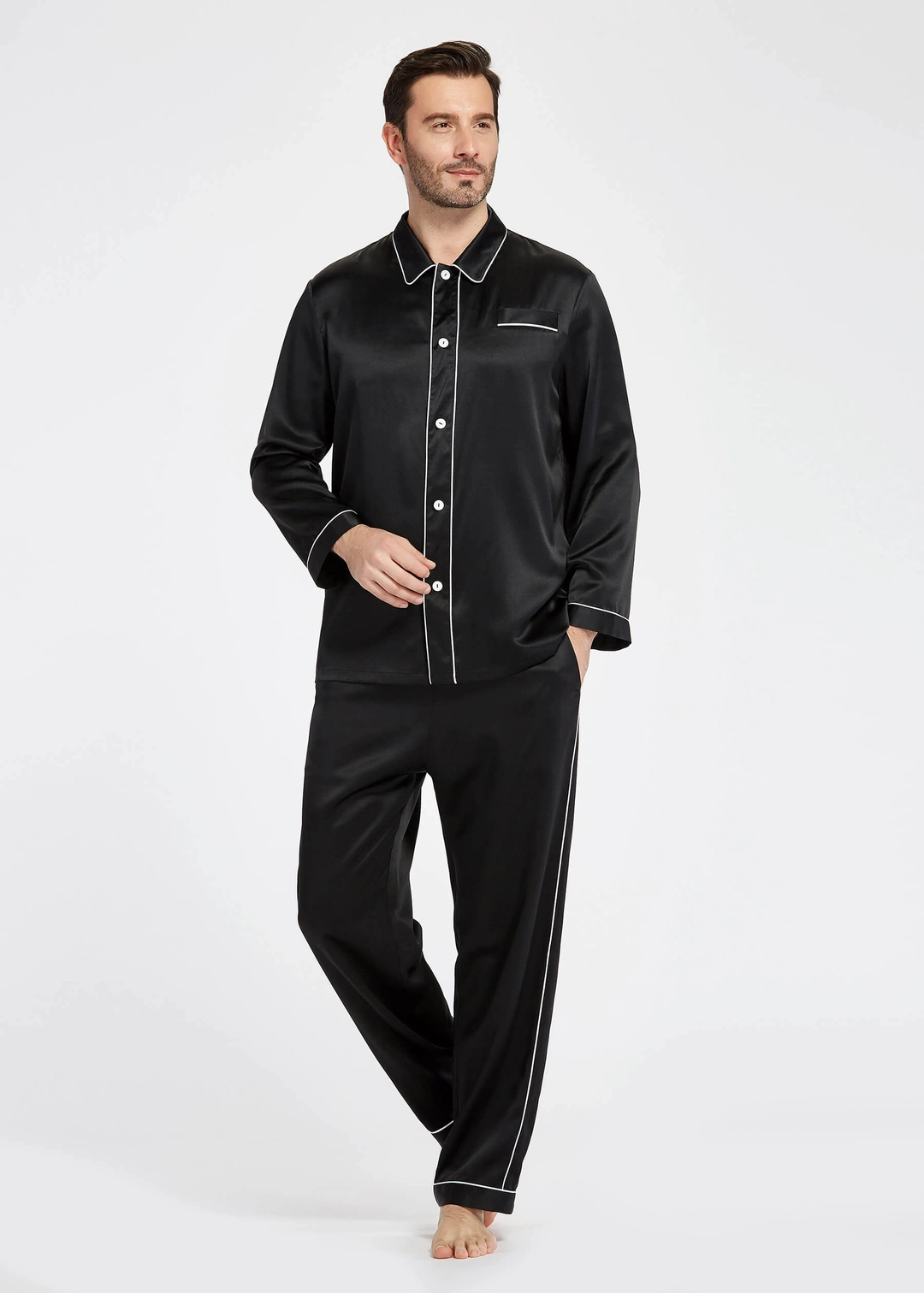 LILYSILK Pyjama En Soie Homme Noir Col À Revers, Boutons En Nacre 100% Soie Naturellement Antibactérien Pyjama XL