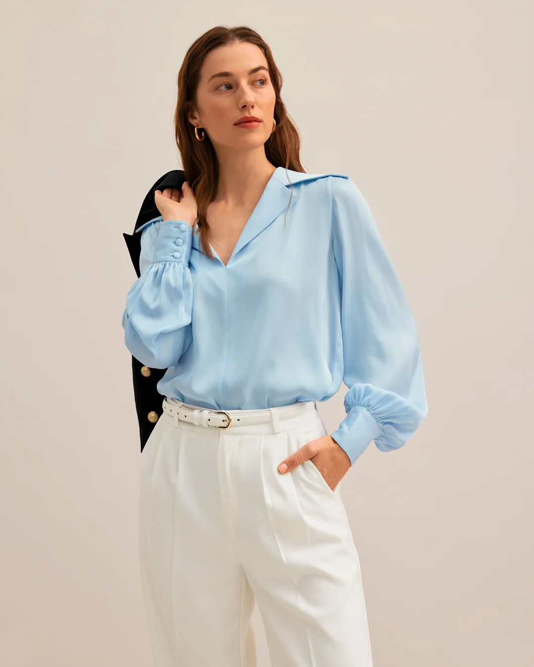 LILYSILK Blouse Soie Femme Col V Profond Bonne Extensibilité Chemisier Pull-Over Chemises Bleu Clair L