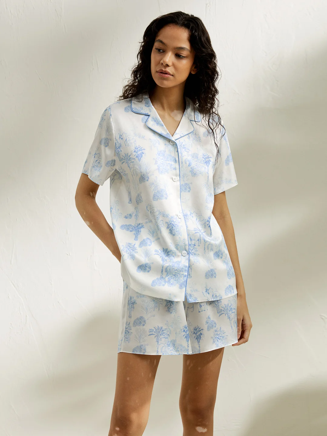 LILYSILK Pyjama Short Soie Impression La Terra Haut À Passepoil Contrasté 100% Soie De Mûrier Doux Pour La Peau Et Respirant S